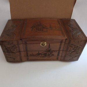 Large Carved Asian Musical Jewelry Box Mid C. 17.25"